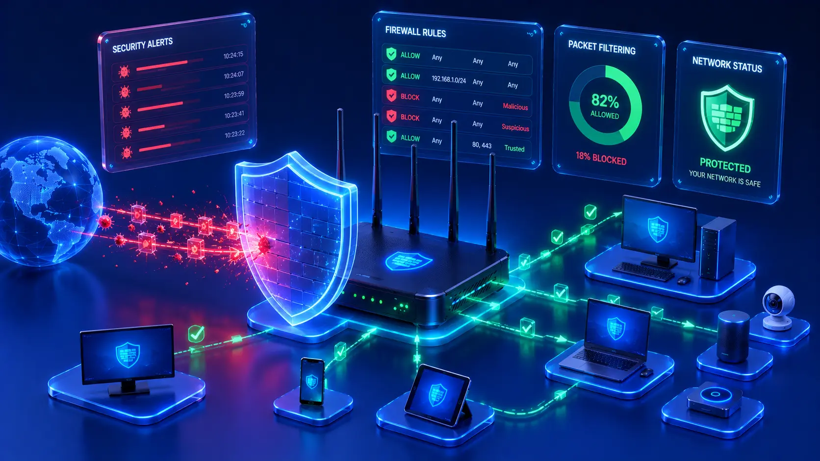 Premium illustration showing a firewall filtering network traffic between the internet and a private network.