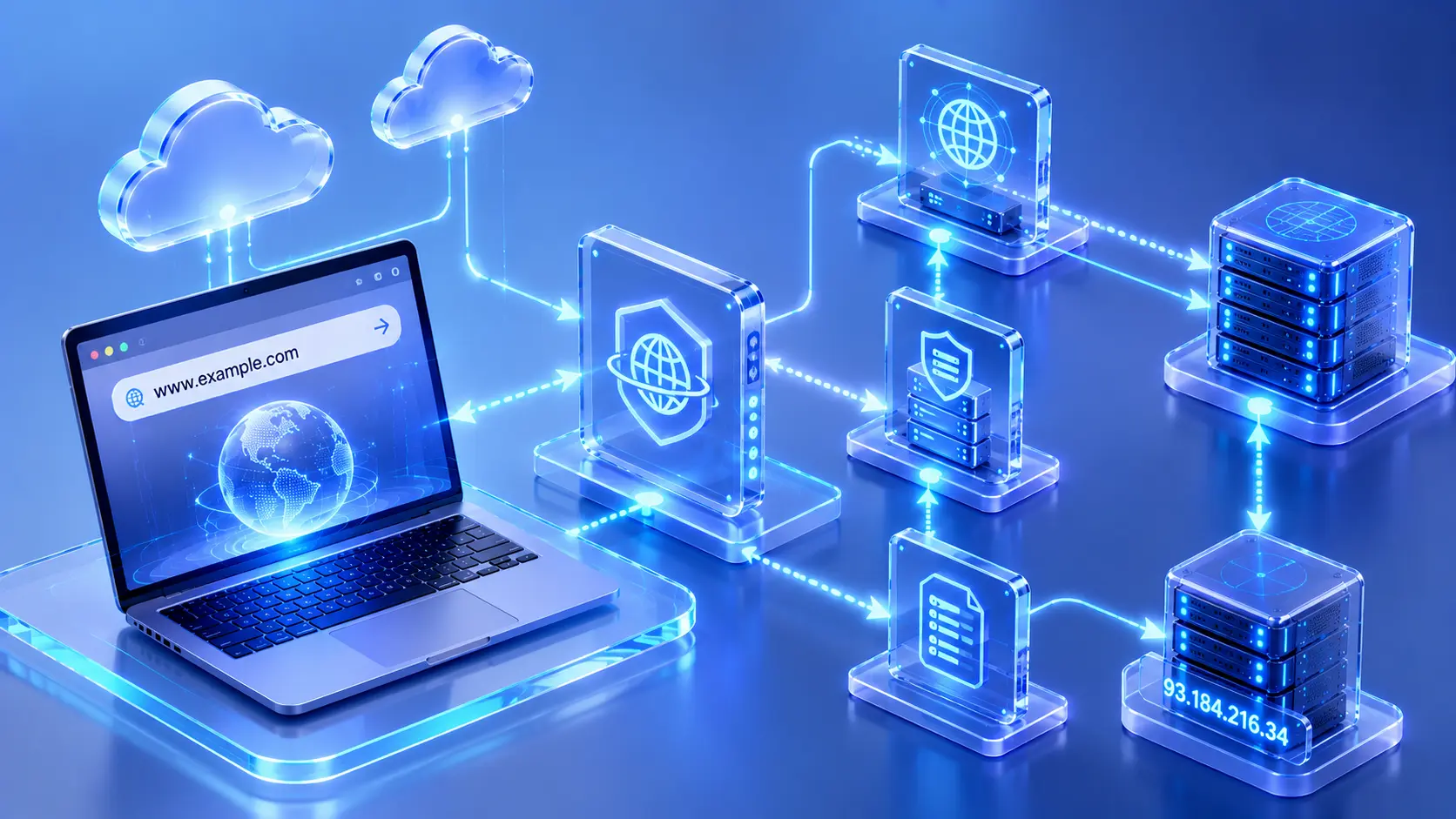 Premium illustration showing how the Domain Name System translates domain names into IP addresses through multiple DNS servers.