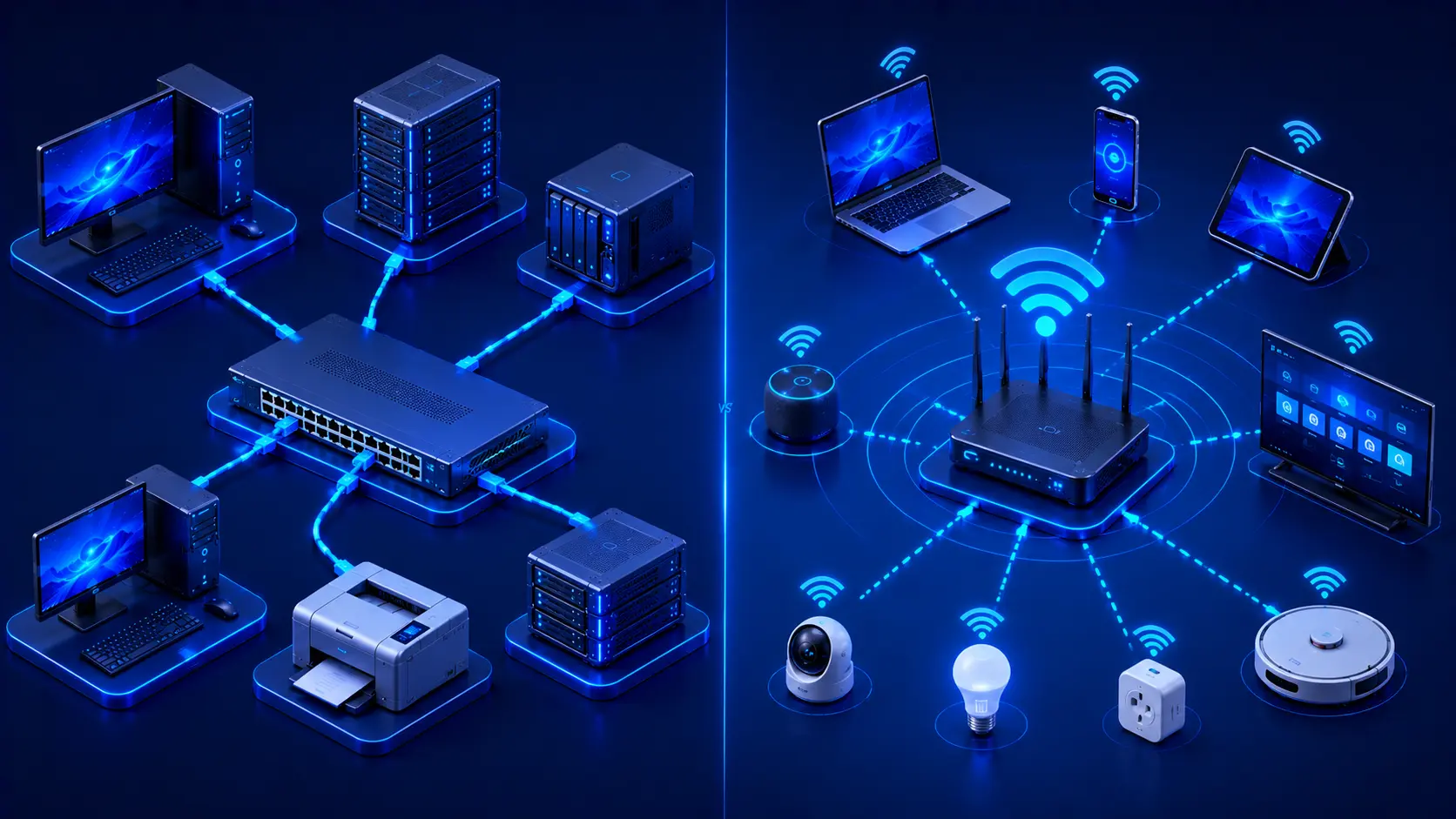 Illustration comparing wired Ethernet and wireless Wi-Fi computer networks.
