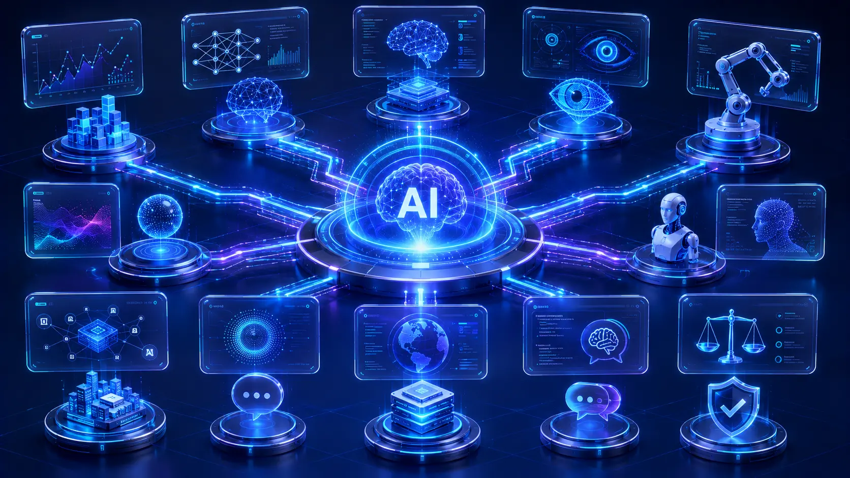 Illustration of the complete Artificial Intelligence ecosystem showing the relationships between major AI technologies.