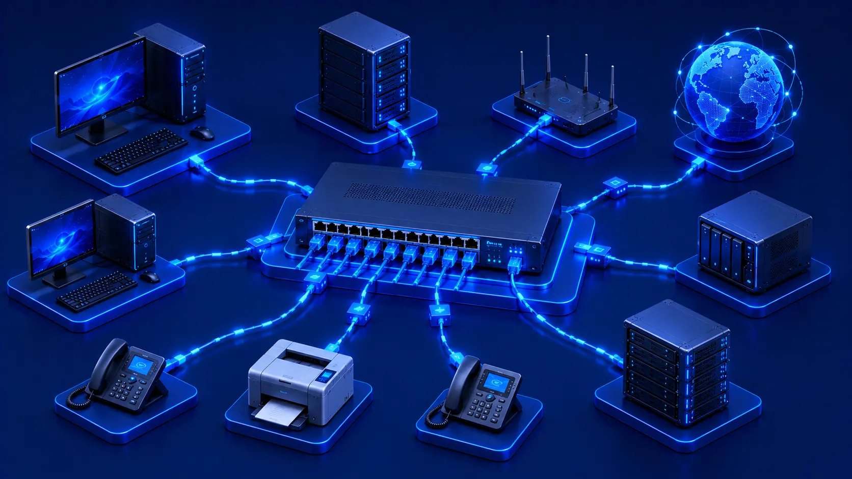 Illustration showing a network switch connecting multiple devices in a local area network.