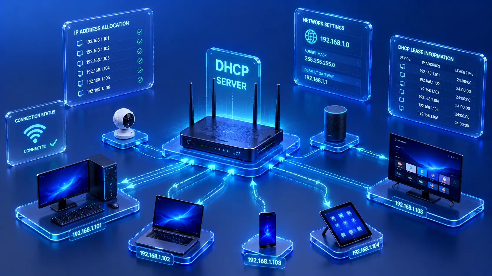 Premium illustration showing a DHCP server automatically assigning IP addresses to multiple devices on a network.