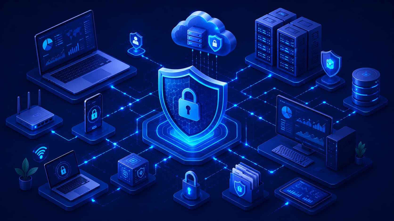 Illustration showing cybersecurity protecting digital devices, networks, and data.